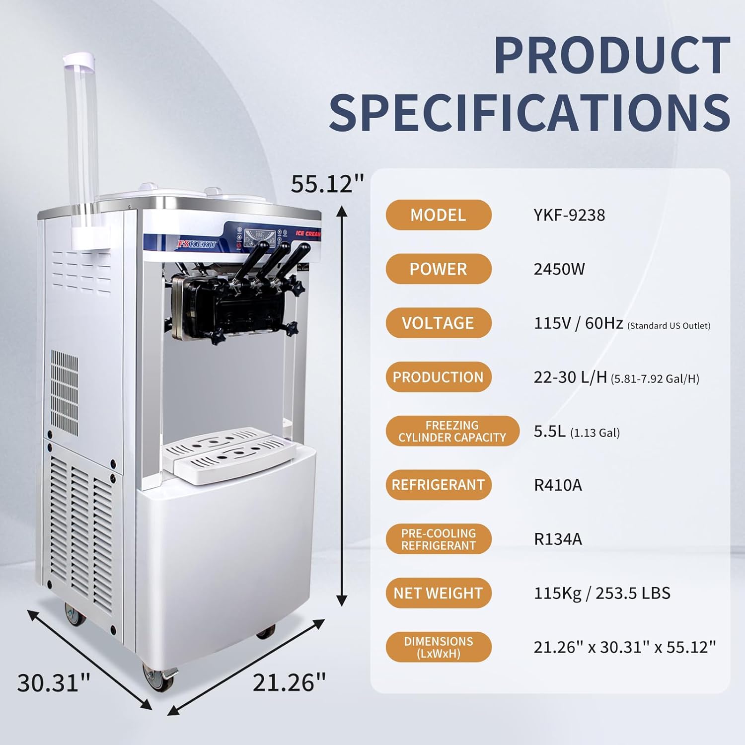 High-Efficiency Commercial Soft Serve Ice Cream Machine - 20-28L/H Capacity, Auto Clean,3 Flavors LED Display, Ideal for Restaurants and Snack Bars, 2200W