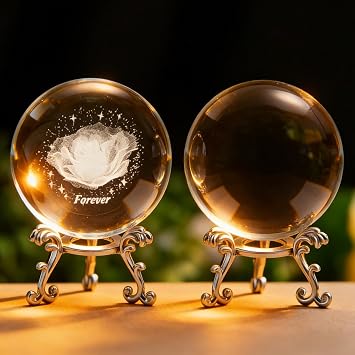 2Pcs Crystal Balls with Silver Stands - 3D Laser Engraved Rose & Clear Crystal Sphere Set, Decorative Paper Weights, Home & Party Decor, Photography Props,Birthday Gifts for Girls Women & Mom