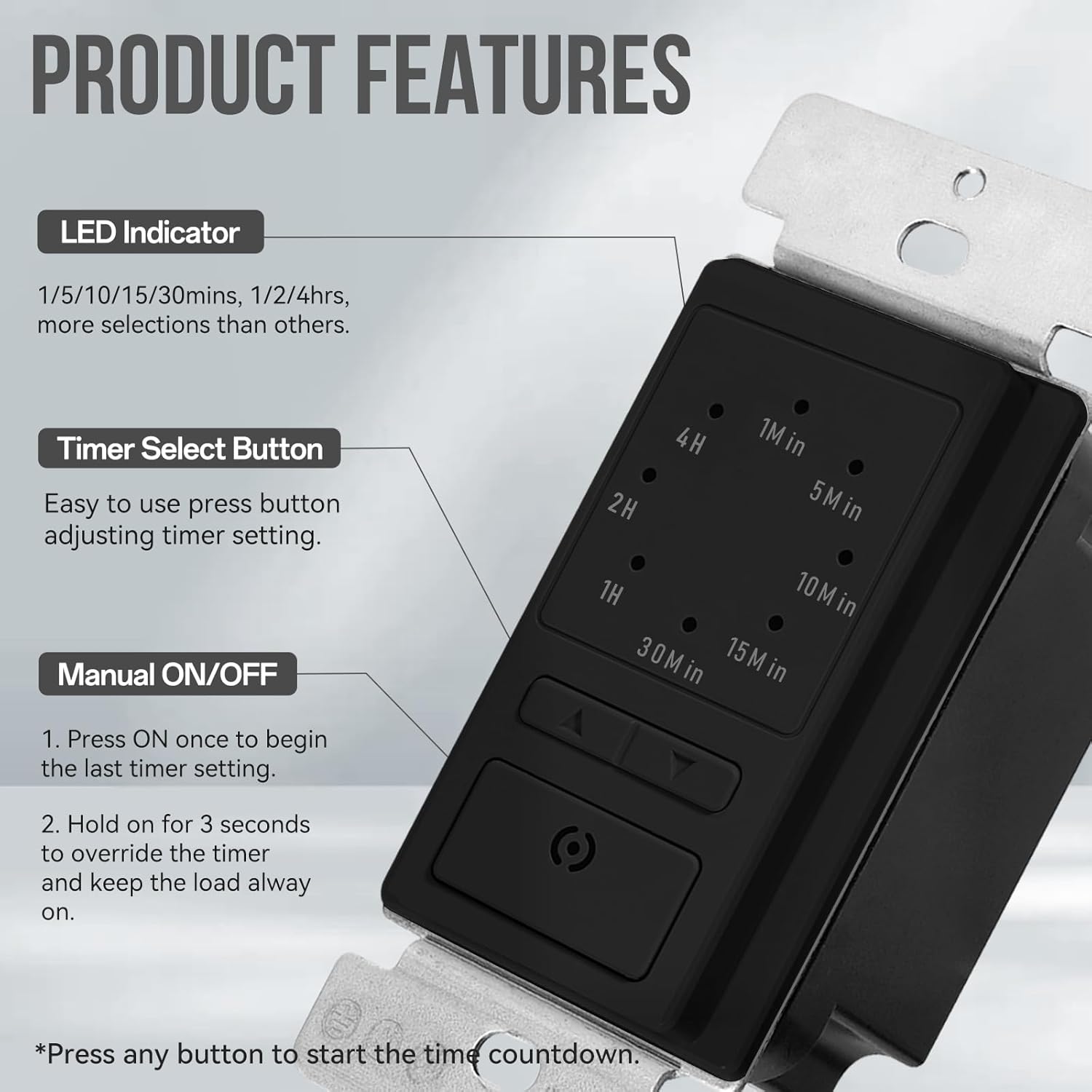 ECOELER Black Wall Timer Switch, 15A Countdown Light Switch with Indicator, 1-5-10-20-30-60 Min, 2-4 Hour Selectable Electric Timer Switches, Neutral Wire Required, ETL Listed, 2 Pack