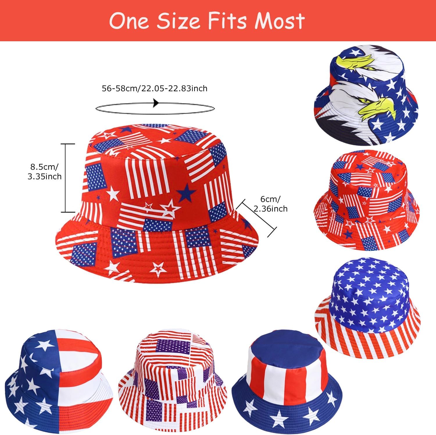 6 Pack 4th of July Hats, American Flag Bucket Hats, USA Patriotic Party Hats, Red White and Blue Party Hats Accessories for Adults Teens, Veterans Day, Memorial Day Supplies
