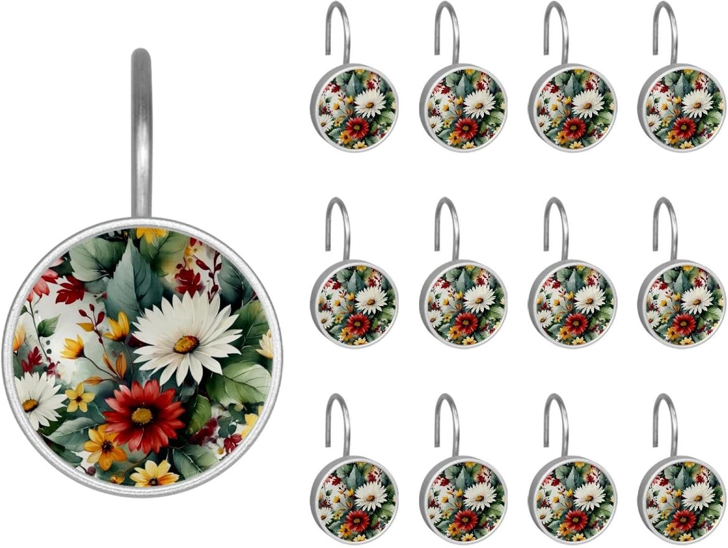 12PCS Flowers and Green Leaves Shower Curtain Hooks Rings for Bathroom, Decorative Shower Curtain Hooks Rods Curtains and Liner