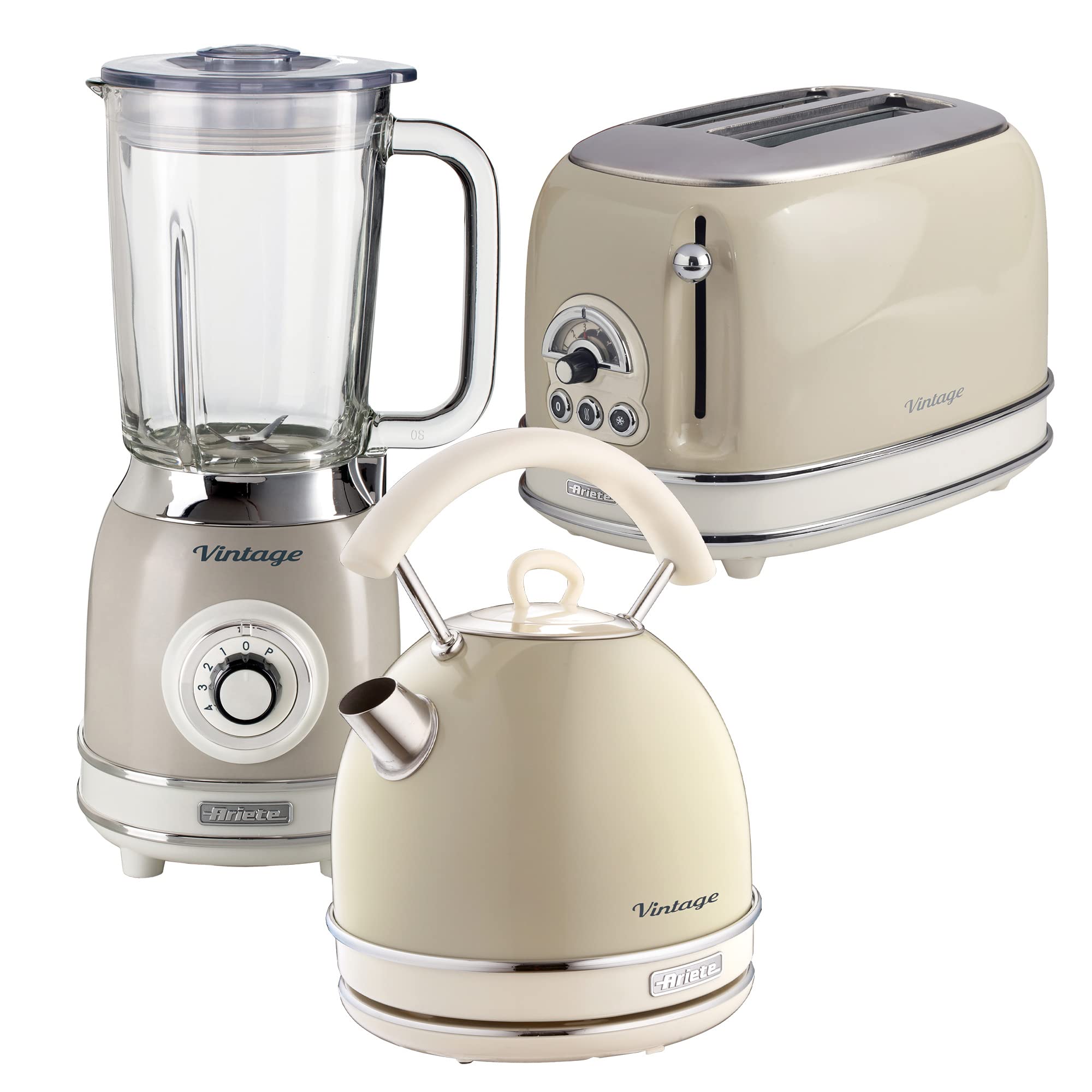 Ariete ARPK25 Retro Style Dome Kettle, 2 Slice Toaster & Jug Blender Set, Vintage Design, Cream