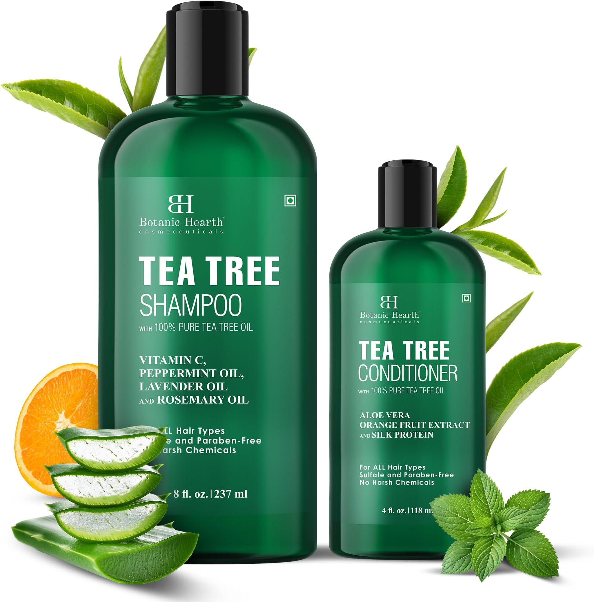 Tea Tree Shampoo 8 fl oz (237 ml) and Conditioner 4 fl oz (118 ml) | with 100% Pure Tea Tree Oil, for Itchy and Dry Scalp, Sulfate/Paraben Free | for Men and Women