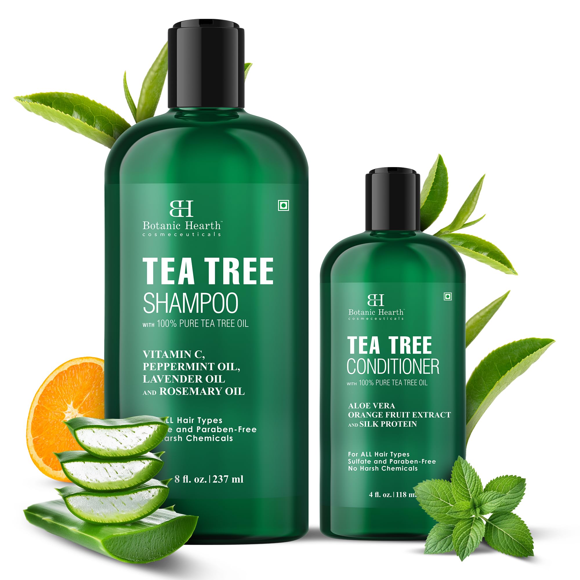 Botanic Hearth Tea Tree Shampoo 8fl oz and Conditioner 4 fl oz - with 100% Pure Tea Tree Oil, for Itchy and Dry Scalp, Sulfate/Paraben Free - for Men and Women