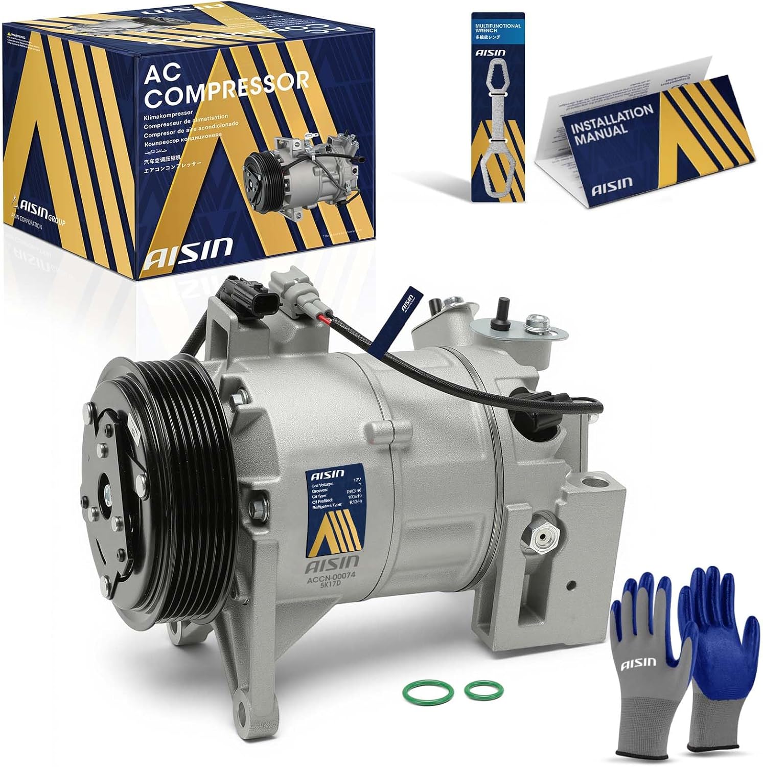 AISIN AFTERMARKET ACCN-00074 Air Conditioner AC Compressor - Compatible with Nissan Murano 2015-2023 3.5L, Maxima 2016-2023 3.5L - with 7-Pulley Groove, with Clutch