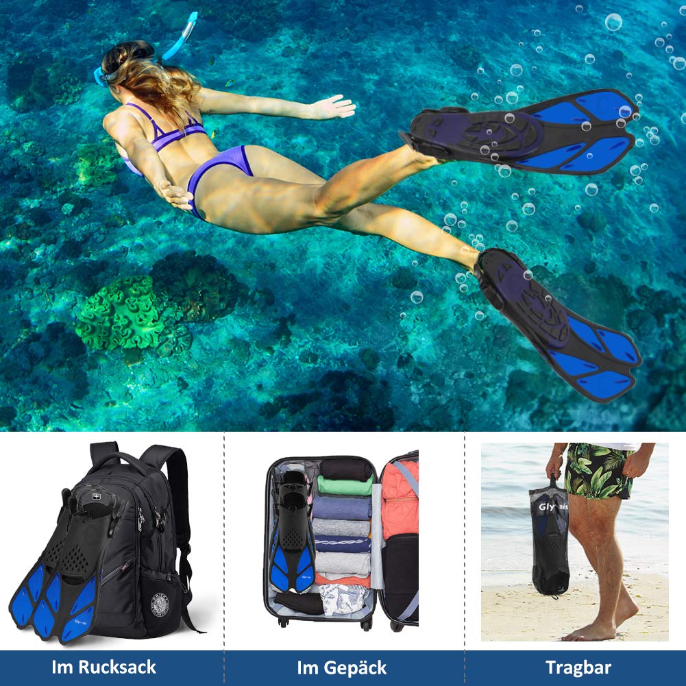Glymnis Płetwy do nurkowania z rurką, regulowane płetwy do pływania dla dorosłych i dzieci, krótkie płetwy do nurkowania, pływania i snorkelingu