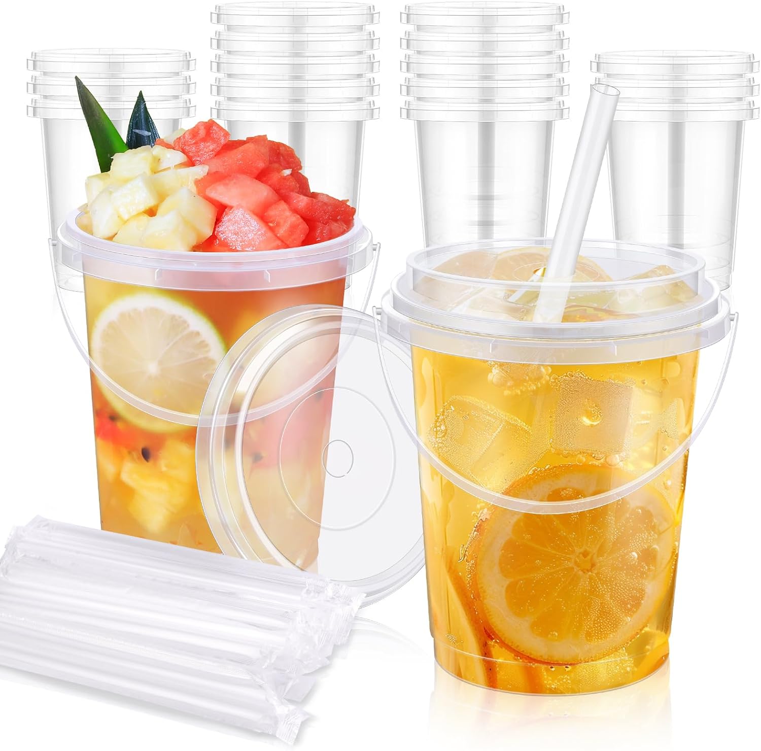 mwellewm 30 Pcs Drink Buckets with Lids and Straws, 34 oz with Handles Disposable Clear Rum Plastic Coffee Lemonade Cocktail Bucket Cups with Lid for Parties, Pool and Picnic