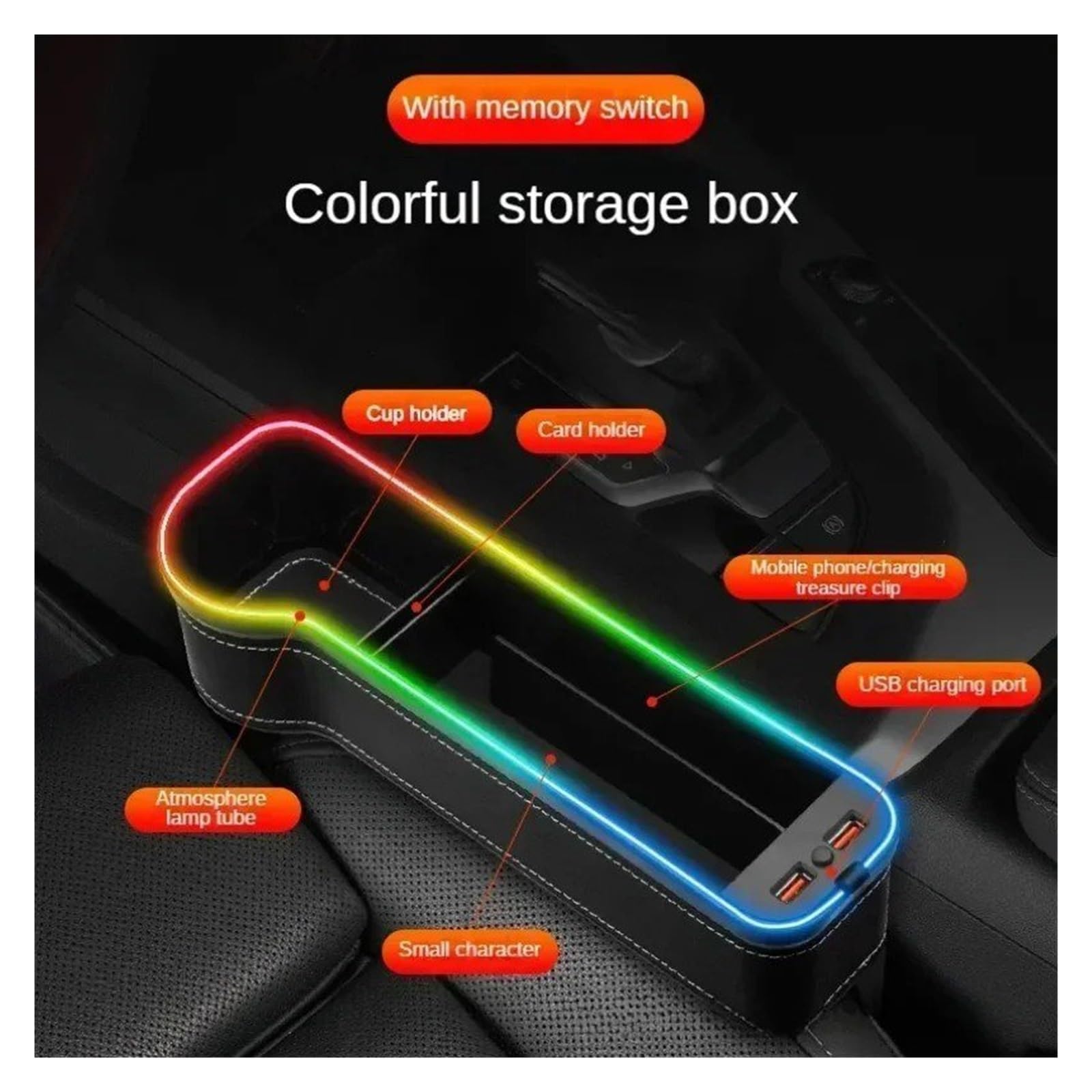 Expansor De Portavasos Caja De Almacenamiento para El Hueco del Asiento del Coche con 2 Cargadores USB Y Luz LED Soporte para Bebidas(Black A)