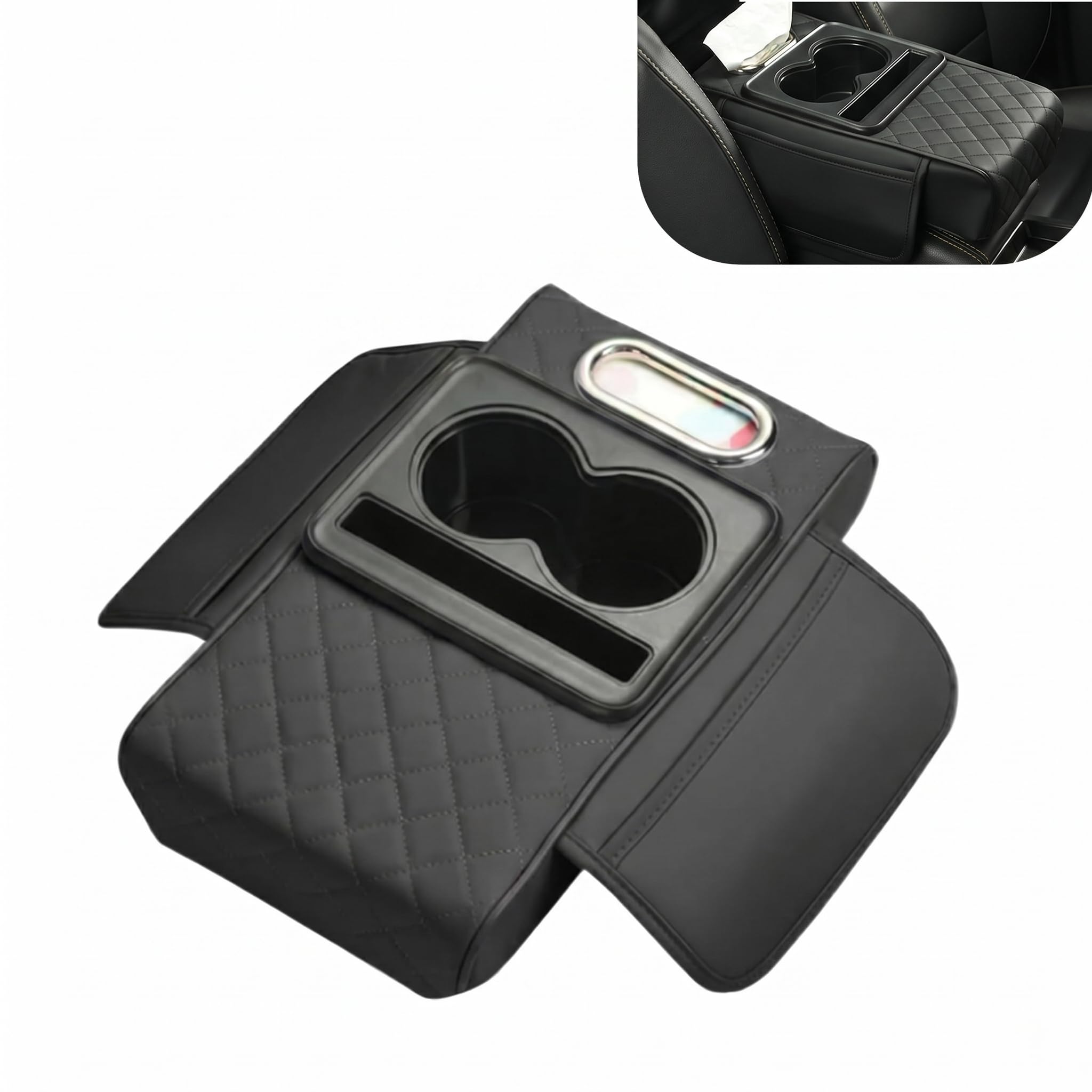 Photo 1 of 5-in-1 Car Center Console Cushion, Multifunctional Organizer with 2 Cup Holders Tissue Box Phone Slot Pocket, Highly Elastic Sponge Armrest Support Heightening Pad (Black)