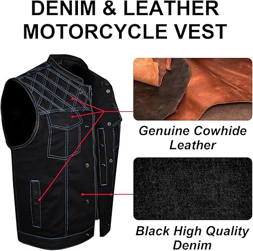 Miniatura 8 de GARGOYLE BELLS Chaleco de moto de mezclilla y cuero para hombre con bolsillos para pistola SOA Biker Club Chaleco con acolchado de diamante para