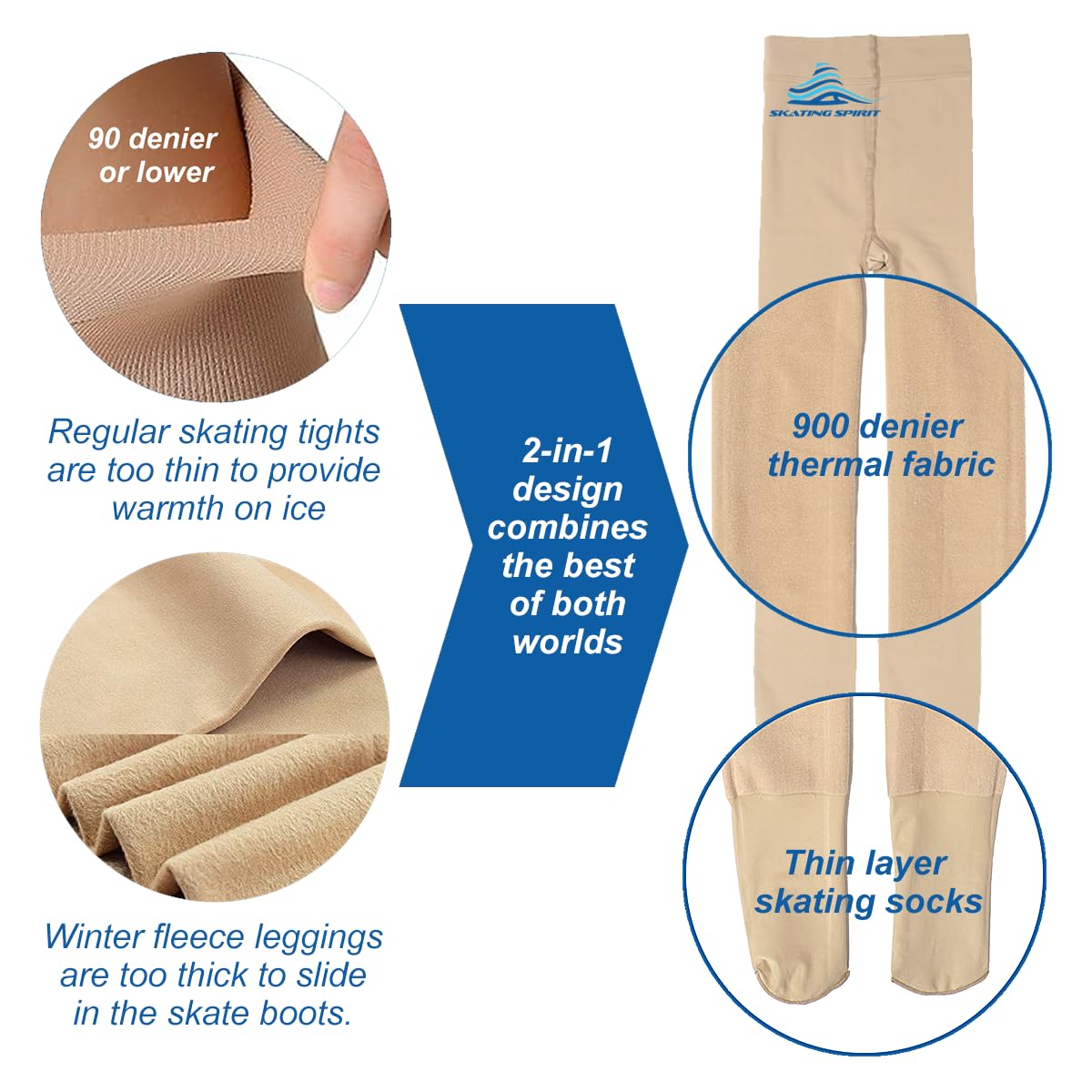 Skating Spirit 2-in-1 Footed Figure Skating Tights, Dance Tights, Fleece 900 denier fabric plus thin layer foot section