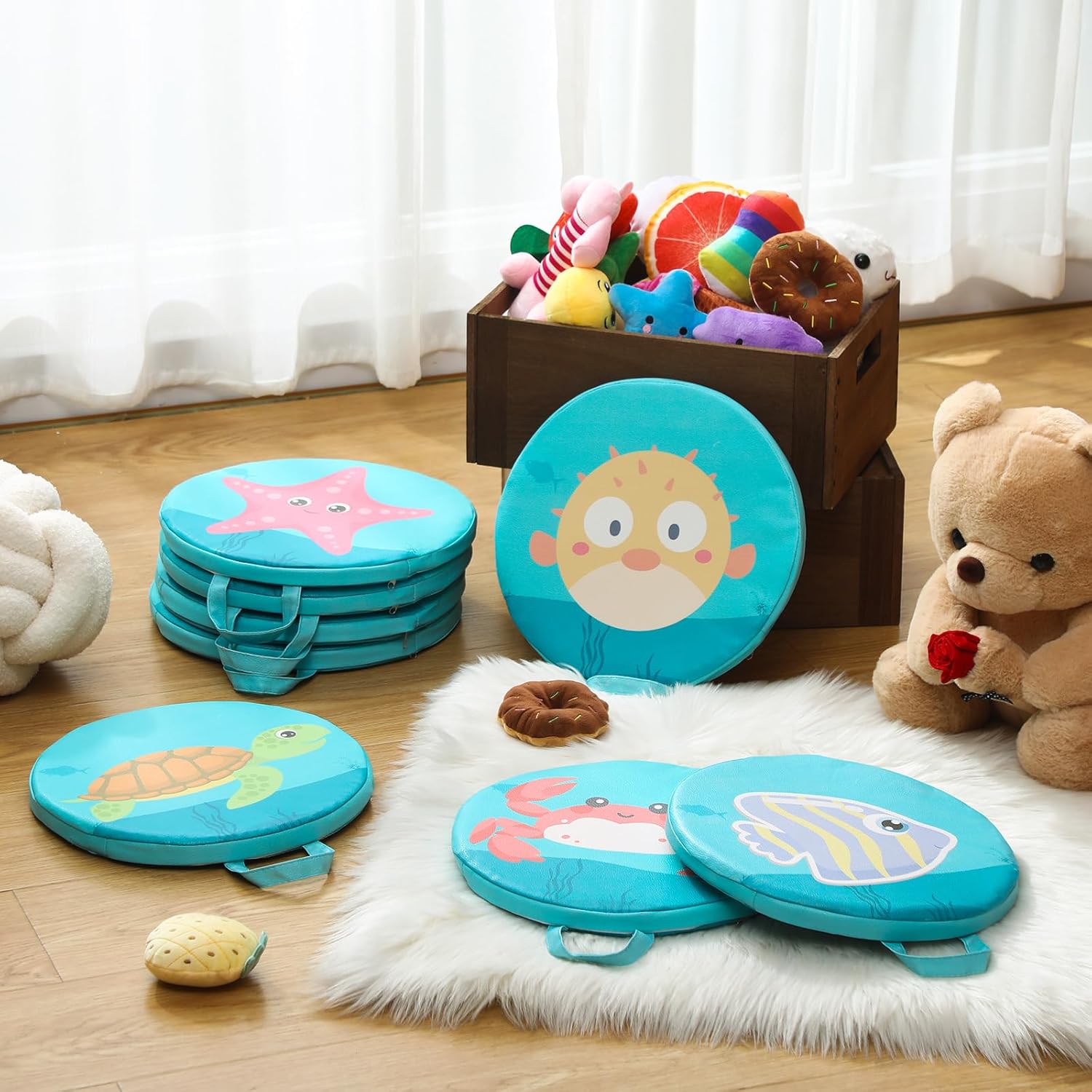Suzile 8 Pcs Under the Sea Kids Floor Cushions for Classroom, Ocean Animals Flexible Seating Mat, Round Soft Waterproof Floor Pillow for Home Daycare Preschool Kindergarten, 8 Styles