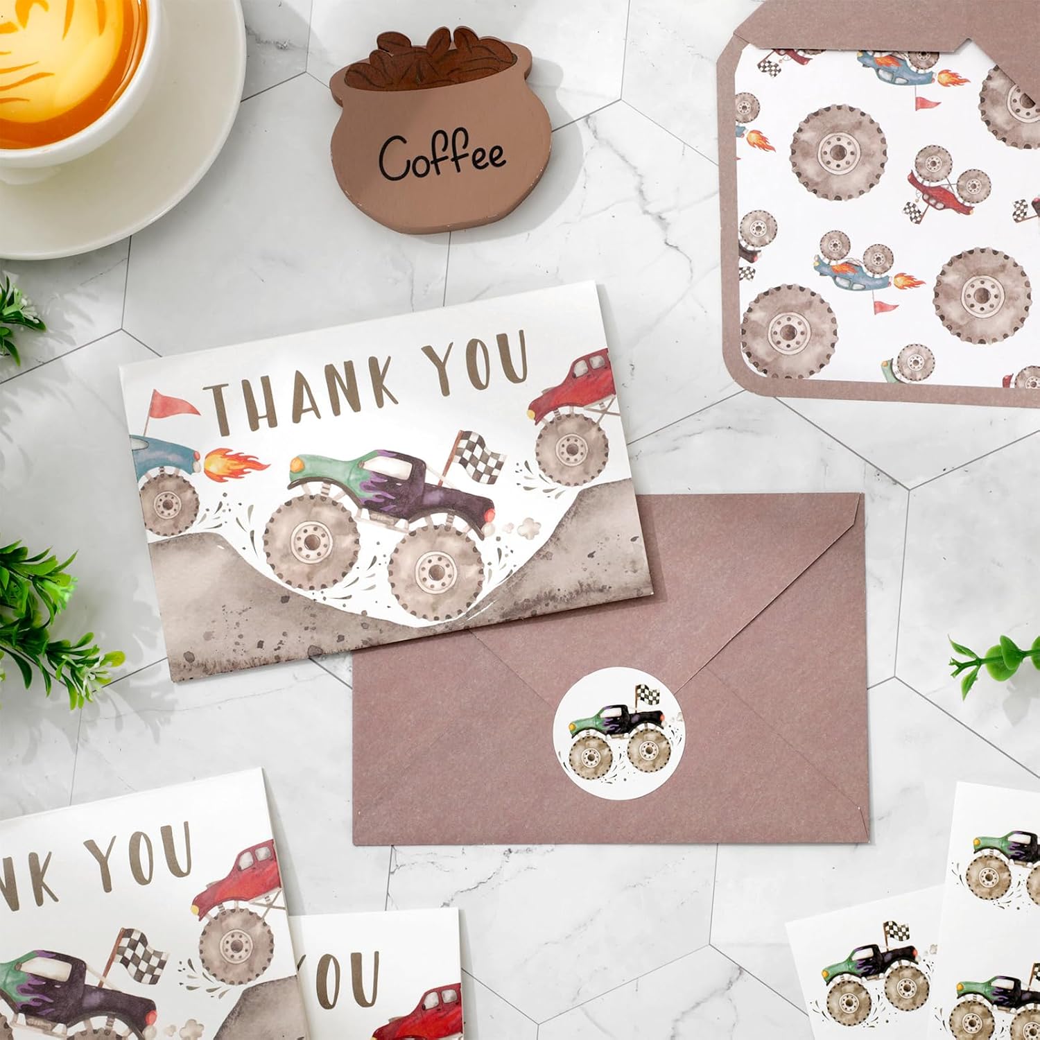 JarThenaAMCS 24 Pack Racing Truck Thank You Cards Racing Car Greeting Cards With Envelopes Stickers Colorful Truck Blank Note Card for Baby Shower Birthday Party - Image 3
