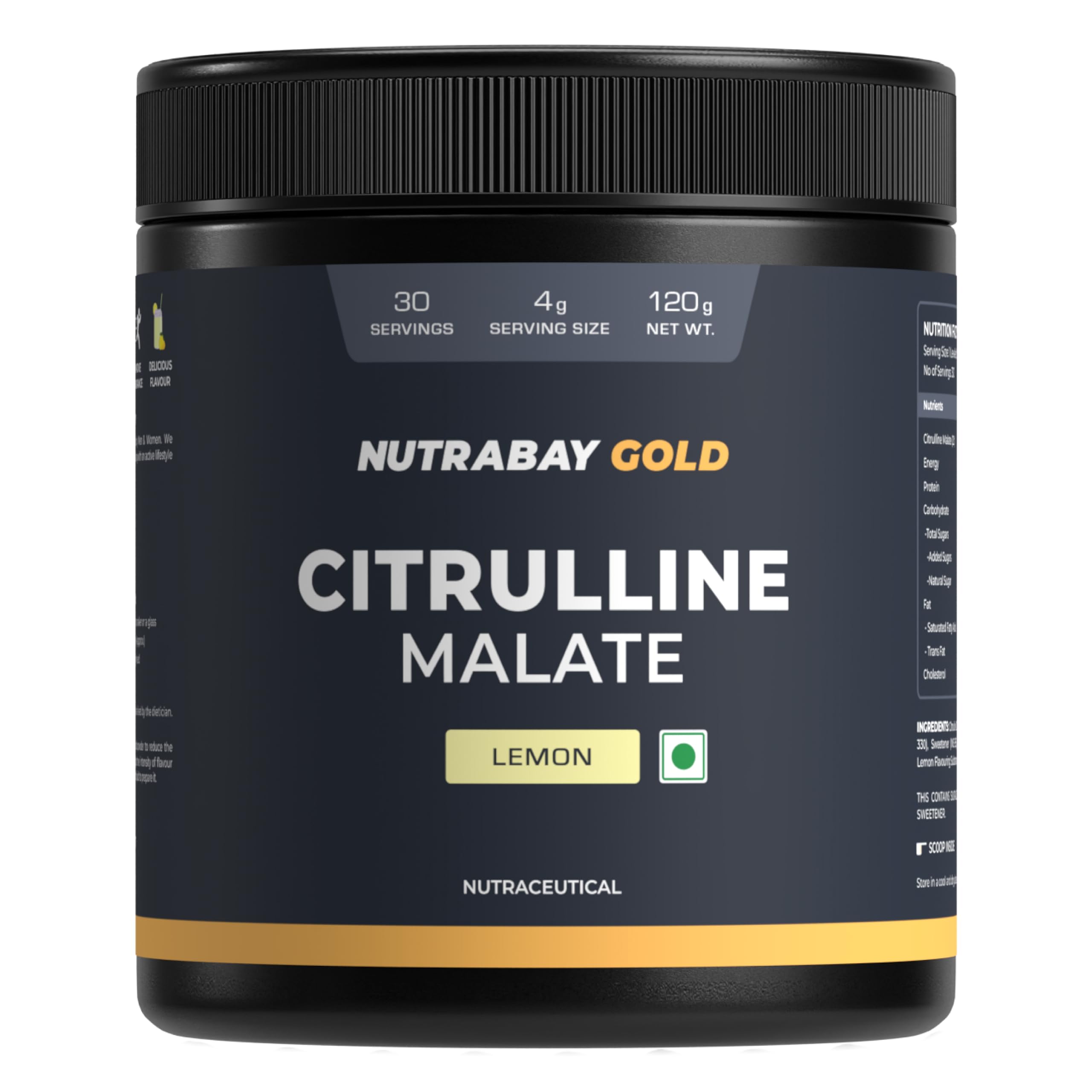Nutrabay Gold Citrulline Malate 2:1 Supplement Powder 120g, Lemon Flavor – Boosts Nitric Oxide – Pre Workout for Muscle Pump, Improved Endurance & Recovery | Tested for Purity | No Banned Substances