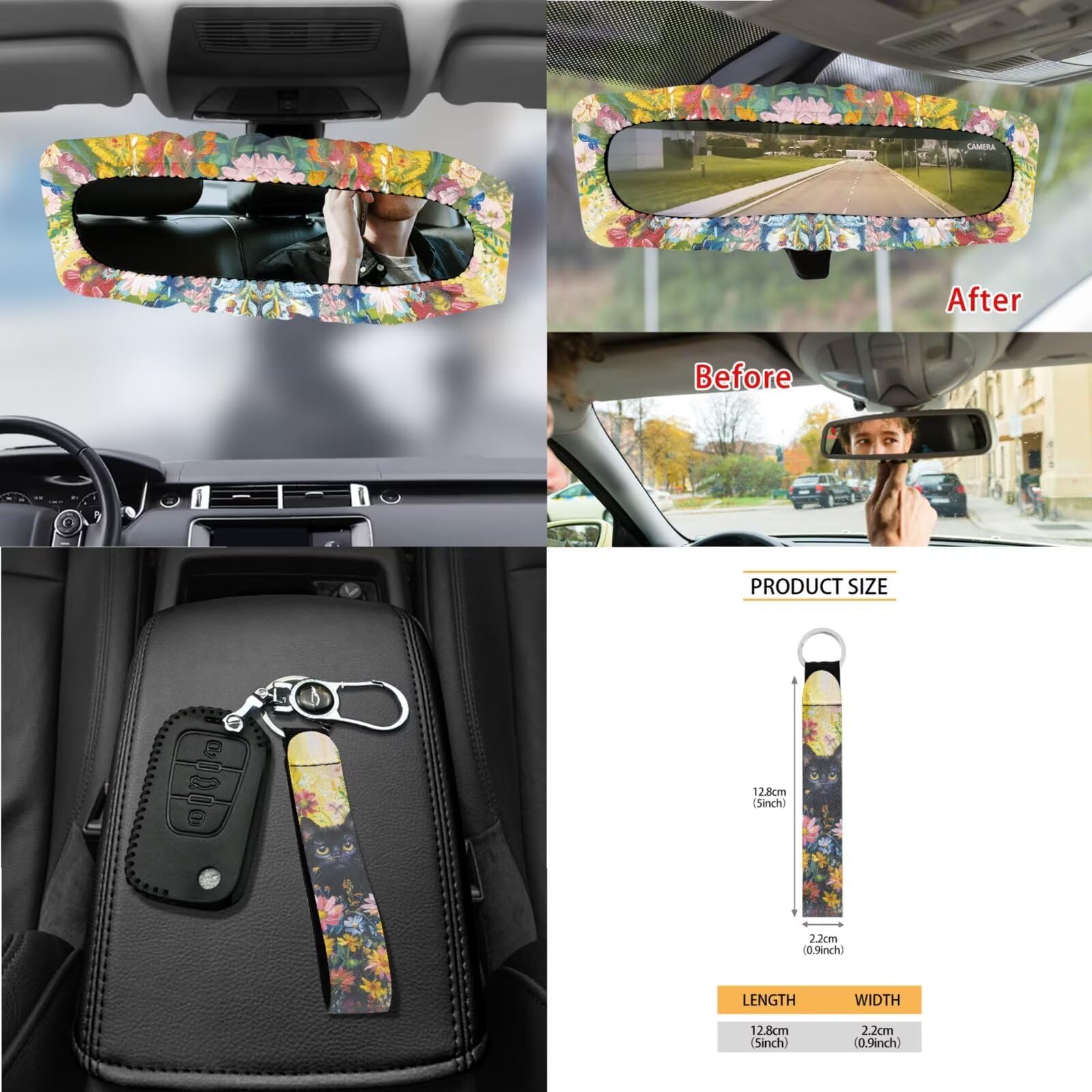 Set di coprisedili e coprivolante per auto con stampa di margherite, con cuscinetti per cintura di sicurezza, copertura interna per specchietto retrovisore, cuscinetti, pattumiera, tasca