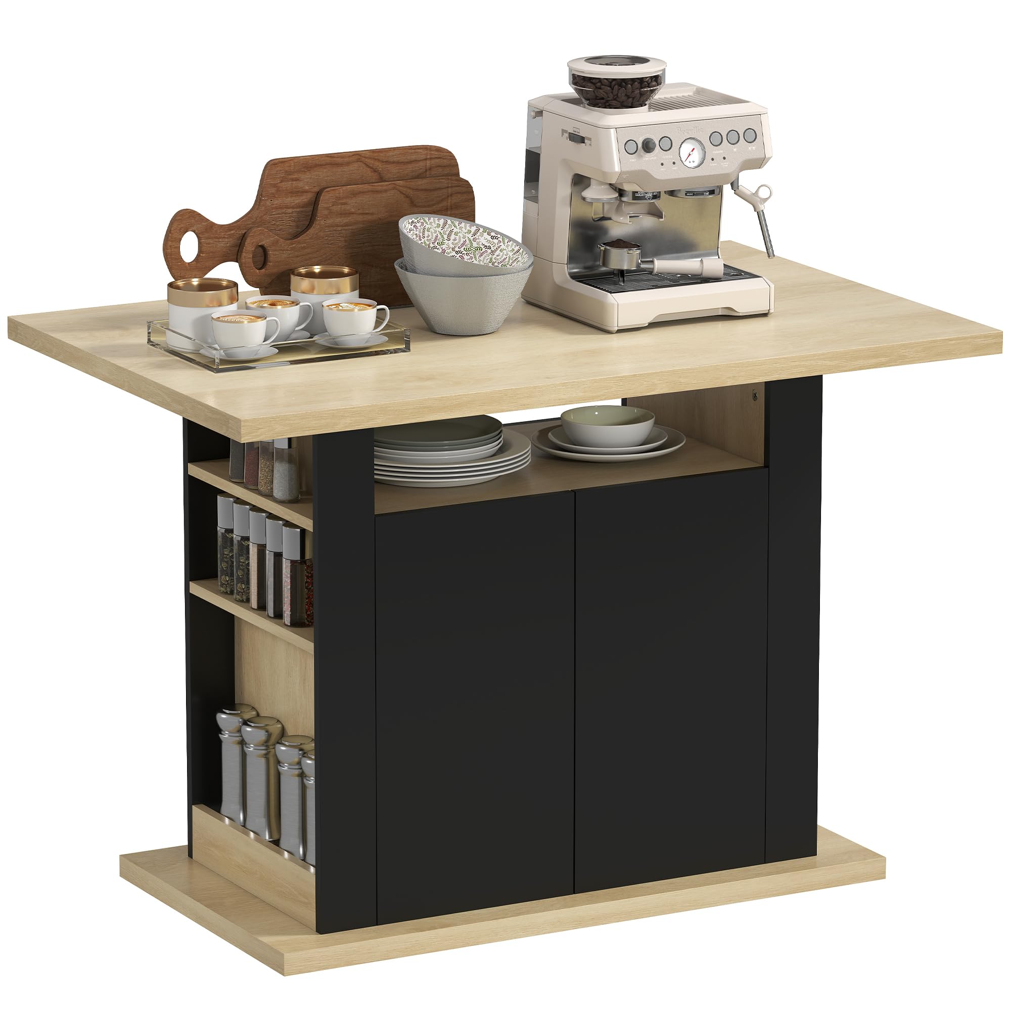 HOMCOM Îlot Central Cuisine Table à Manger Meuble de Rangement avec Grand Plan de Travail 4 Personnes - Placard 4 Portes et étagères - en Bois - 110 x 70 x 75,5 cm Noir et Naturel