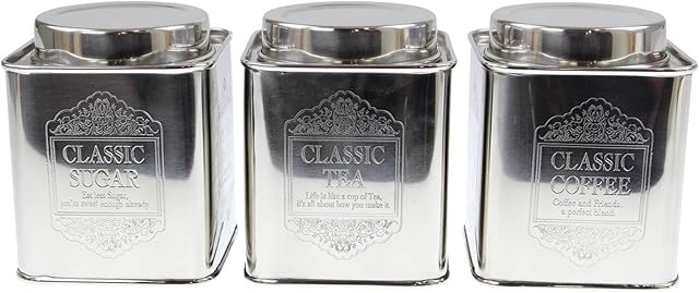 Set Of 3 Small Tea Coffee Sugar Canisters Kitchen Storage Tin Jars Pots Silver