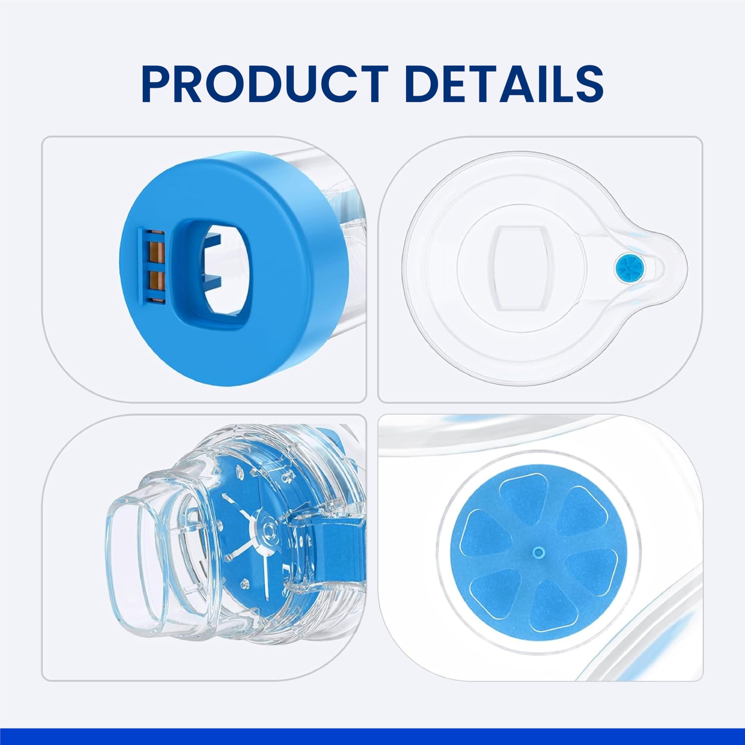 Dispositif d'espacement antistatique pour inhalateur, chambre d'inhalateur, à utiliser avec un inhalateur doseur, sans BPA ni latex pour adulte. (Bleu)