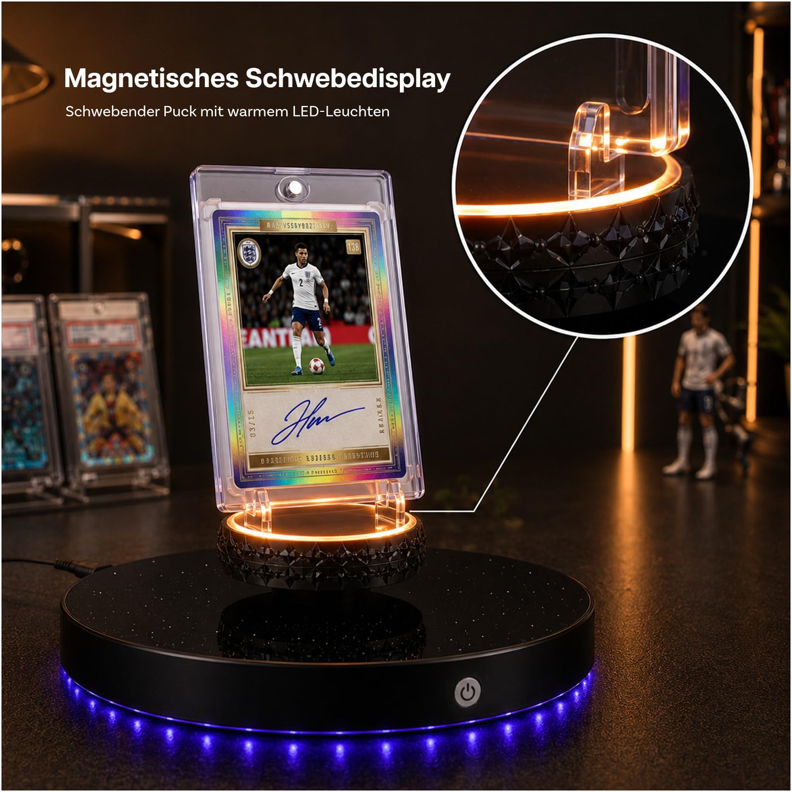 MMOBIEL Magnetisches Schwebendes Display für Karten 360° Drehbarer Display Ständer mit Magnetischem Kartenhalter, LED Basis & Adapter – Für Sammelkarten, Tradingkarten und Limitierte Karten
