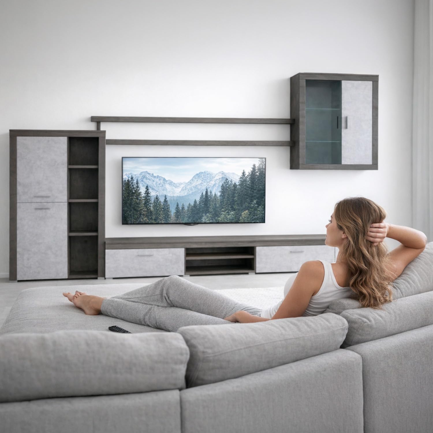 Arreditaly Parete Attrezzata Da Soggiorno Salotto Moderna Con Ante Mensole Vani A Giorno Vetrinetta Mobile TV Design Moderno Moduli Sospesi 293 x 193 x 50 Cm (Ossido e Grigio Cemento)
