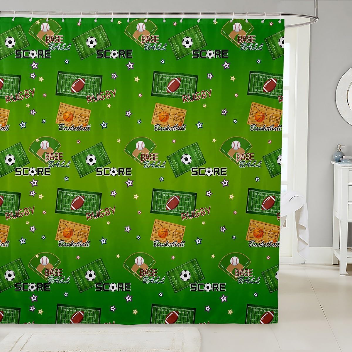 Decorative Ball Sports Shower Curtain Waterproof Polyester Fabric,Green Ball Court Bath Curtain Home Bathroom Decor Hanging Curtain with Hooks 72 x 78 Inch,Machine Washable