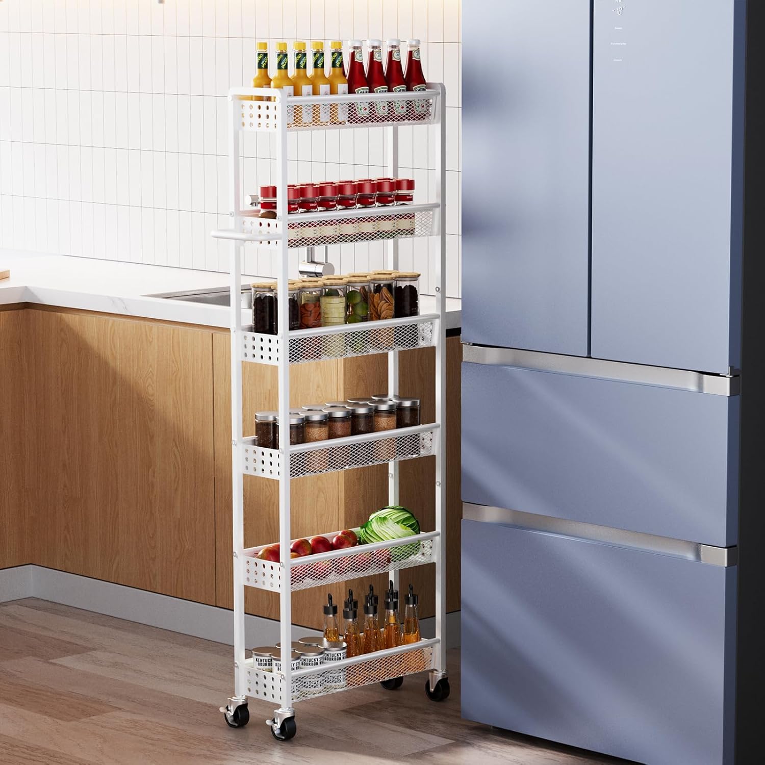 6 Tier Slim Storage Cart with Wheels, 6" D Rolling Storage Cart for Small Space, Metal Narrow Spice Cabinet Mobile Shelving Unit Organizer with Handle for Kitchen, Laundry - White