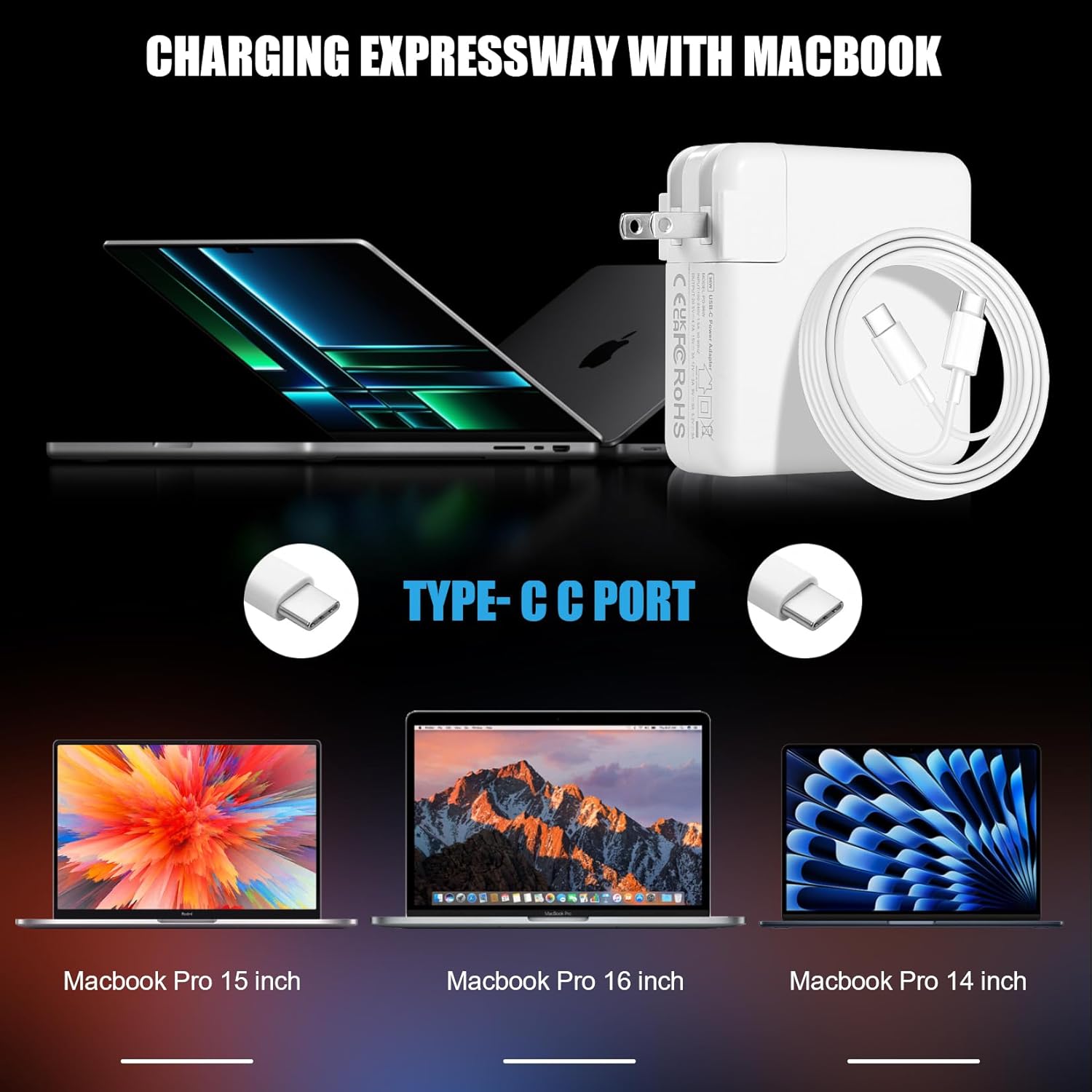 MacBook Pro Charger,96W MacBook Air Charger Fast Charging USB C Laptop Power Adapter,10FT Quick USB C Charging Cord for Mac Book Pro 16/15/14/13inch 2024/2023/2022/2021/2020/2019/M1 M2 M3 Mac Book Air