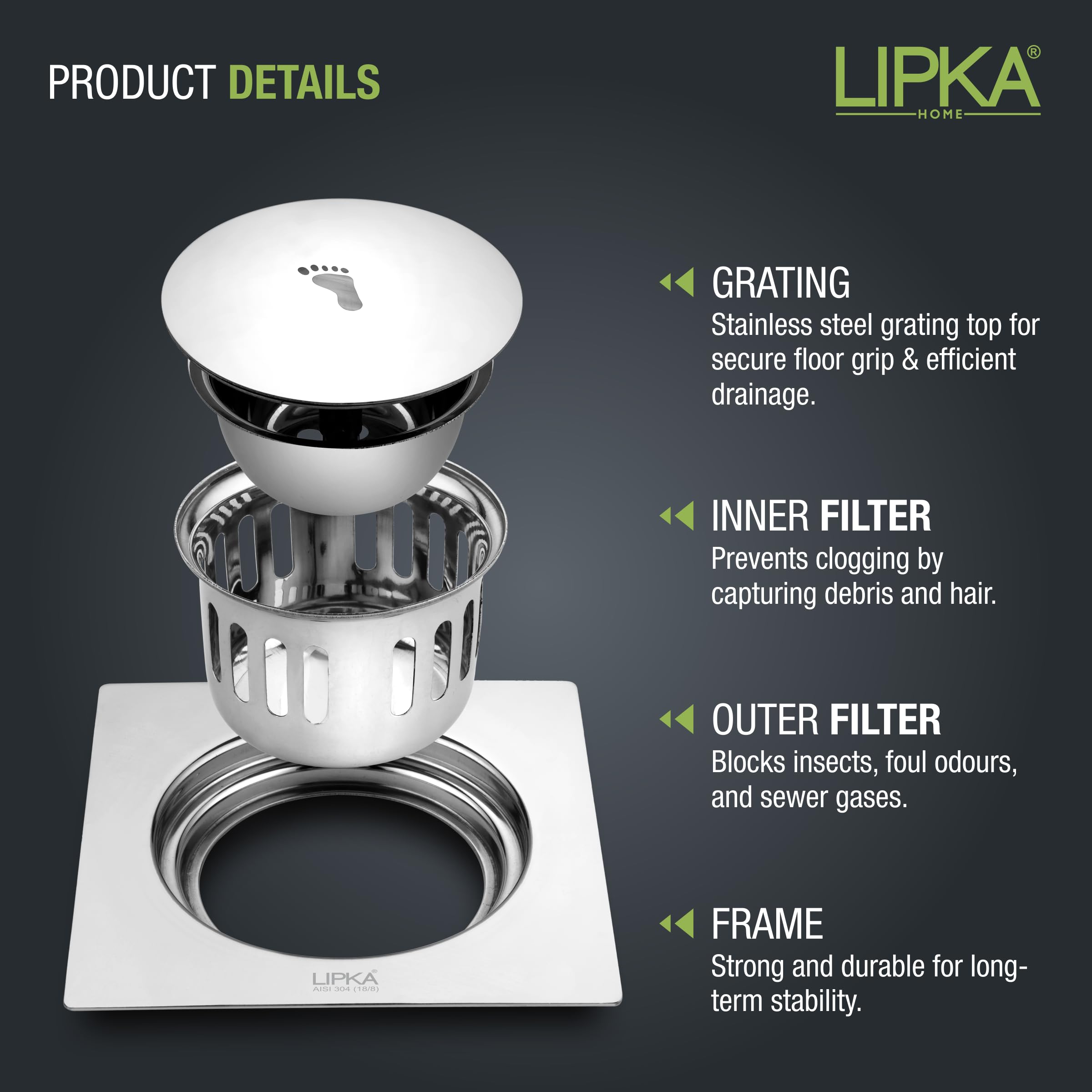 LIPKA Square Pop-up Floor Drain |304-Grade Stainless Steel |6x6 Inches| with Cockroach Trap/Jali | — Amazon image 4