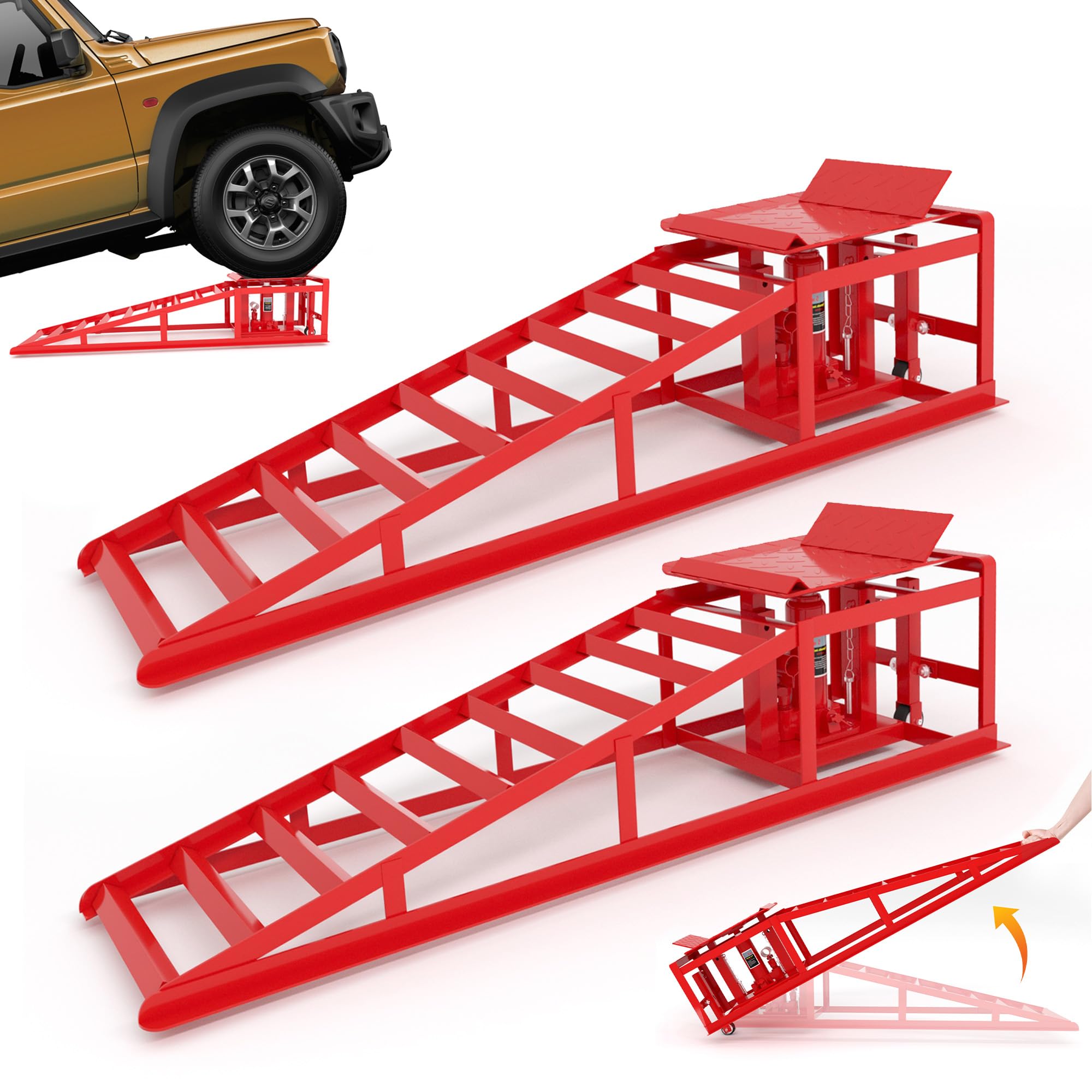 Hydraulischer Rangierwagenheber 5t mit Auffahrrampen Set – Schwerlast Hebebühne Auto für Ölwechsel, Hub 23-36 cm, fahrbare Rampe mit Sicherheitsverriegelung, Rot