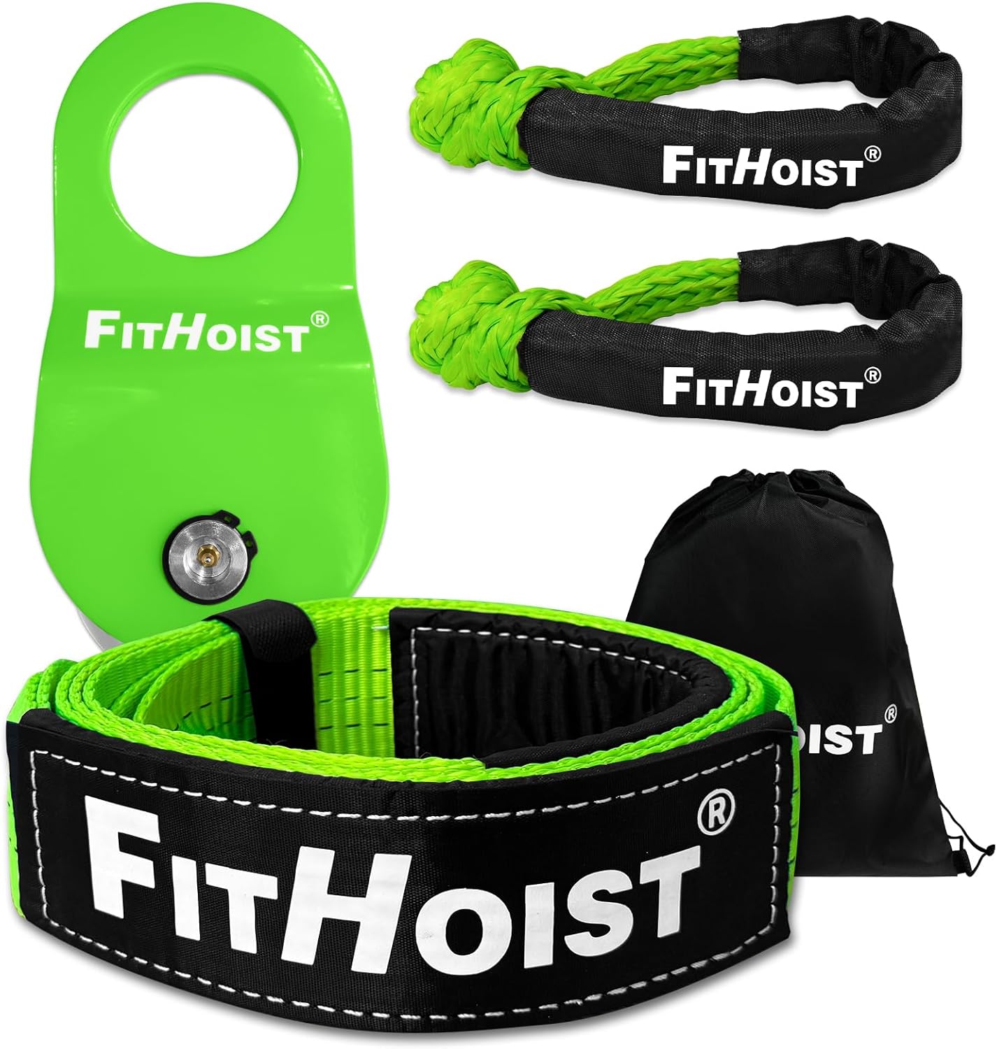 Offroad Recovery Kit, Snatch Block Pulley 10 Ton and Tree Saver Strap 3" x8' and 2pc D Ring Shackles 3/4", Winch Accessories for Car Truck SUV ATV