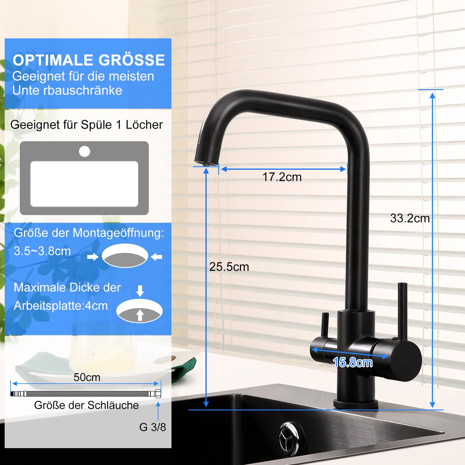 Grifo de tres vías negro, 3 vías, giratorio 360°, grifo de 3 vías para sistema de ósmosis, grifo de agua potable con 2 palancas, latón para sistemas de filtro, negro retro