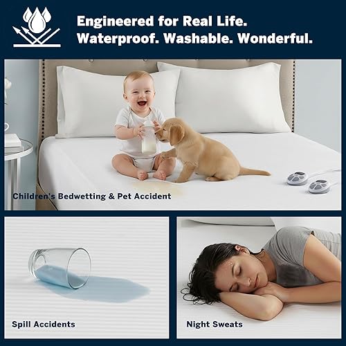 Miniatura 6 de Serta - Cubrecolchón impermeable de mezcla de algodón, calentador de cama eléctrico con 10 ajustes de calor y controlador de radiación cero, apagado