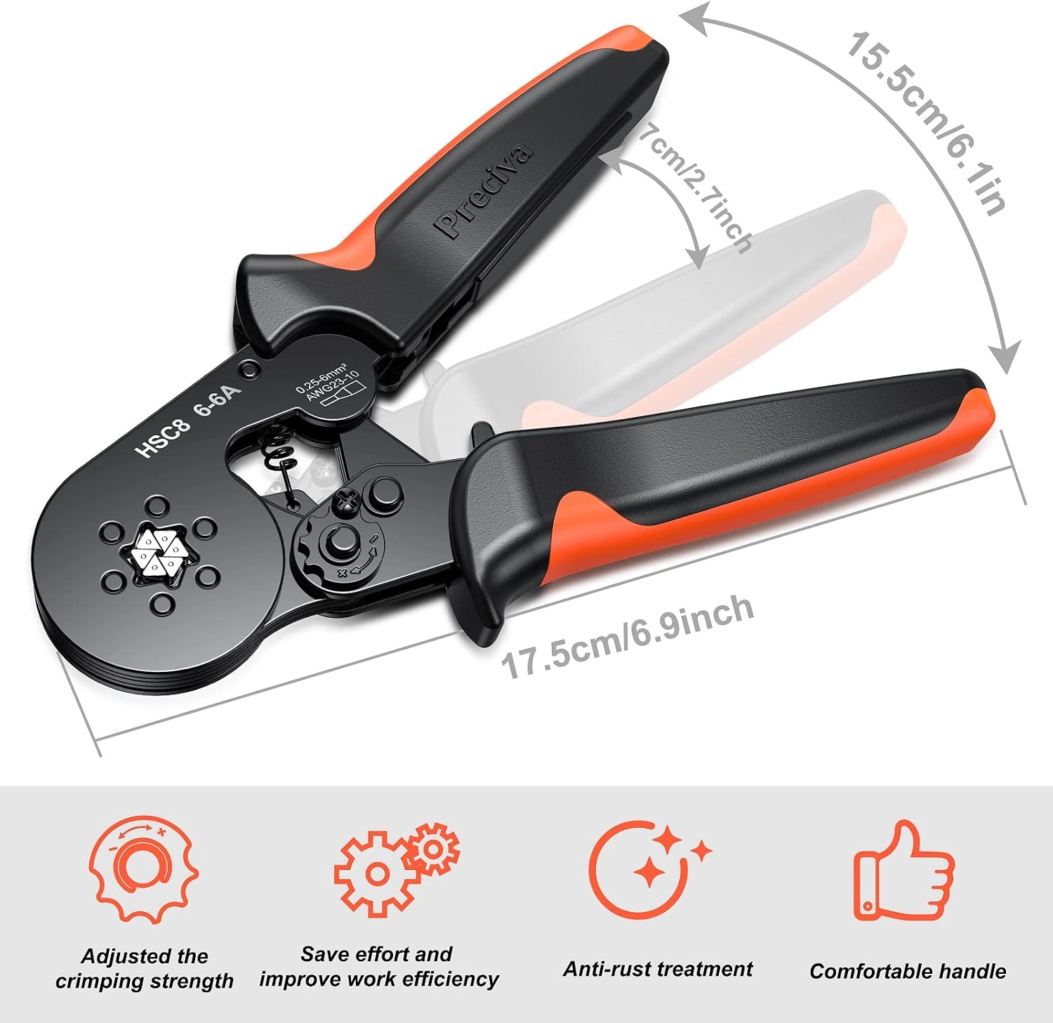 Ferrule Crimping Tool, Preciva Hexagonal Sawtooth Self-Adjustable Ratchet Wire Terminals Crimper for AWG23-10 Bootlace End-Sleeves Ferrule