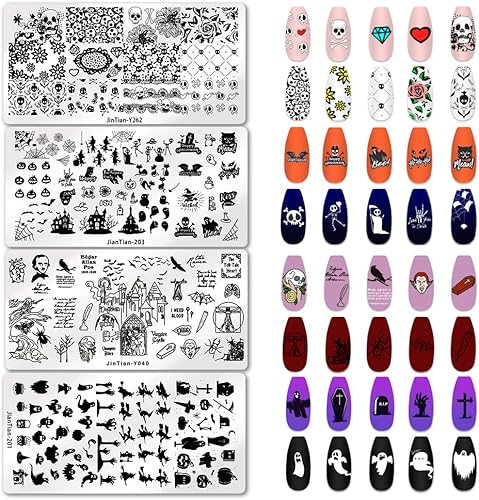 Platos de estampado de uñas de Halloween, kit de estampado de uñas de calabaza, calavera, murciélago, búho, esqueleto, fantasma, imagen de fantasma,