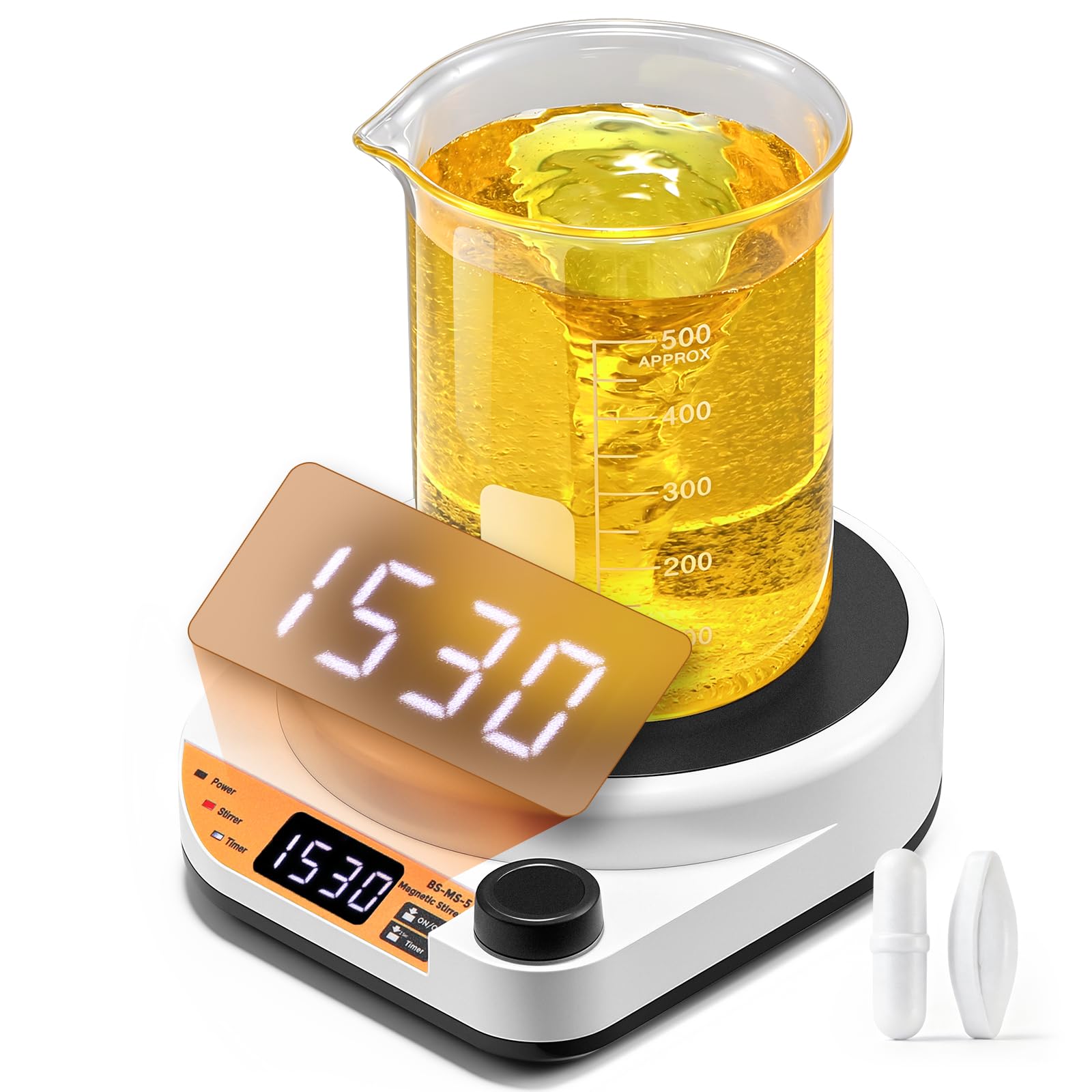 Bonvoisin Magnetrührer 5L Kapazität, 200–2000 U/Min, 130 mm Platte, Labormischer mit Bürstenlosem Motor, 0–99H 59Min Timer, LED-Drehzahlanzeige, Inklusive 2 Rührstäbe