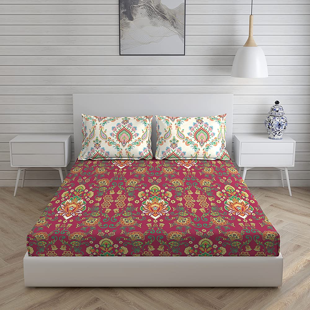 BOUTIQUE LIVING Souvenir Cotton 300 TC King Sized Double Bedsheet Set (Pink)