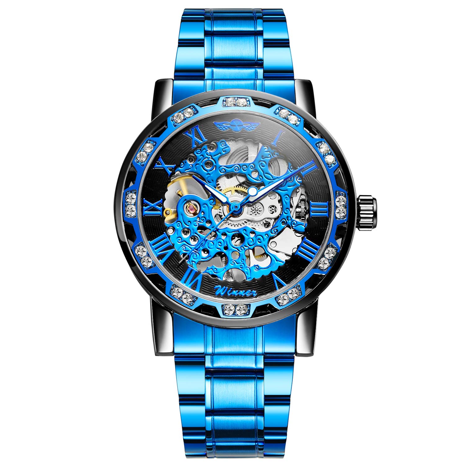 FORSINING Orologio da polso meccanico con movimento a diamante e numeri romani, 05-Blu Nero, Orologio a scheletro, meccanico