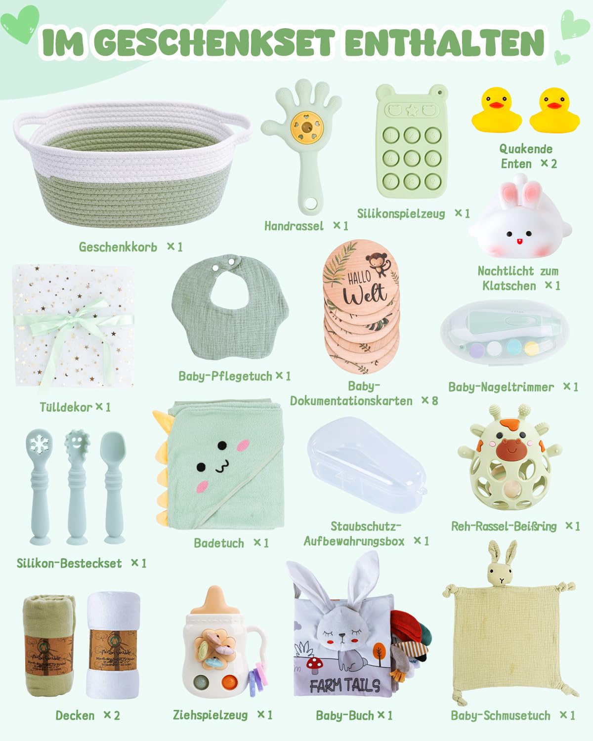 Geschenk zur Geburt, Neugeborenen Geschenk für Jungen & Mädel, Grün | Mit Babydecke, Baby-Nagelfeile, Beikost-Zubehör und Schnuffeltuch.