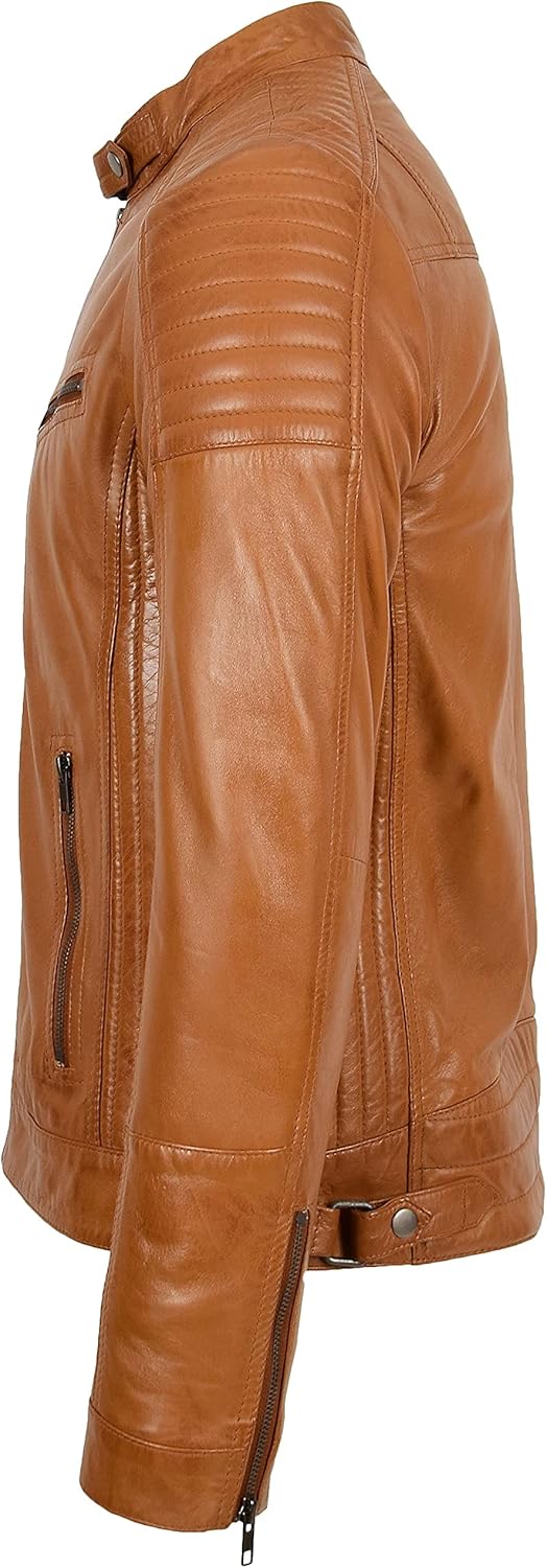 Mens Real Leather Biker Jacket Cafe Racer Style Ron (3XL, Tan)