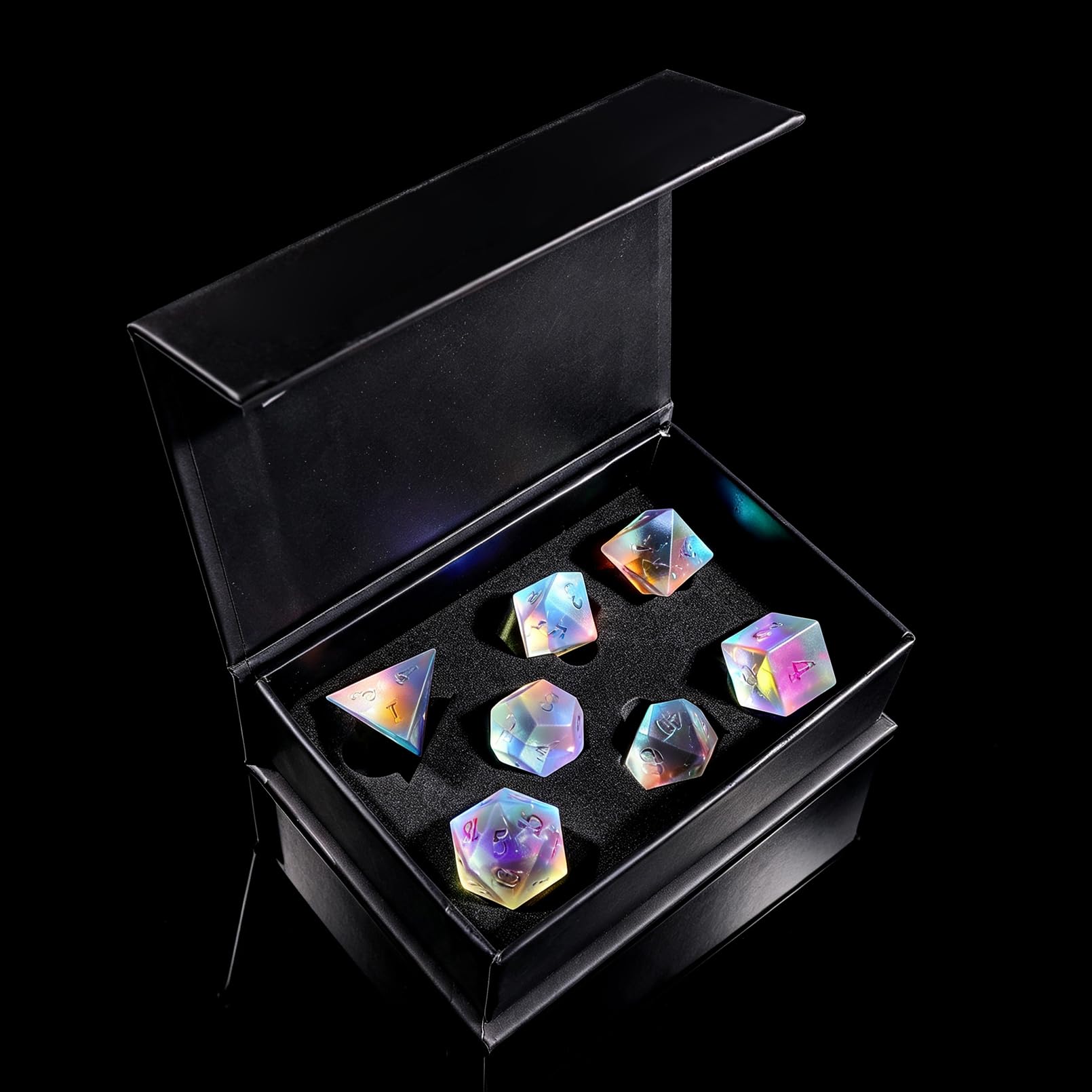 LUCKY-M Set di dadi con pietre preziose, set di dadi per giochi di ruolo da tavolo e da regalo (arcobaleno satinato, Ankh)