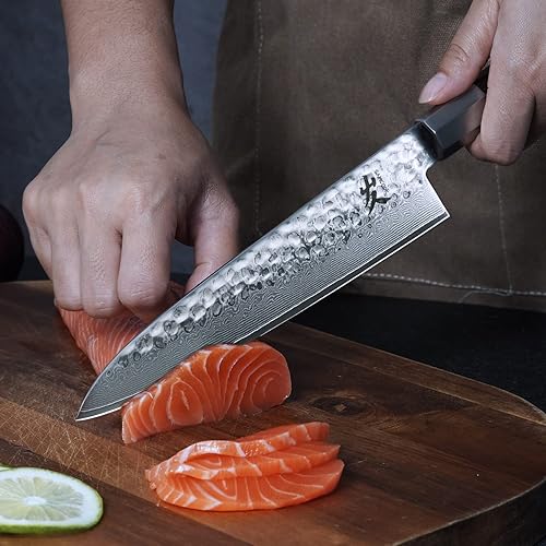 Miniatura 6 de SAMCOOK Cuchillo de chef japonés  Cuchillo de cocina profesional de 8 pulgadas con acabado martillado Damasco, VG10 Damasco de acero de alto