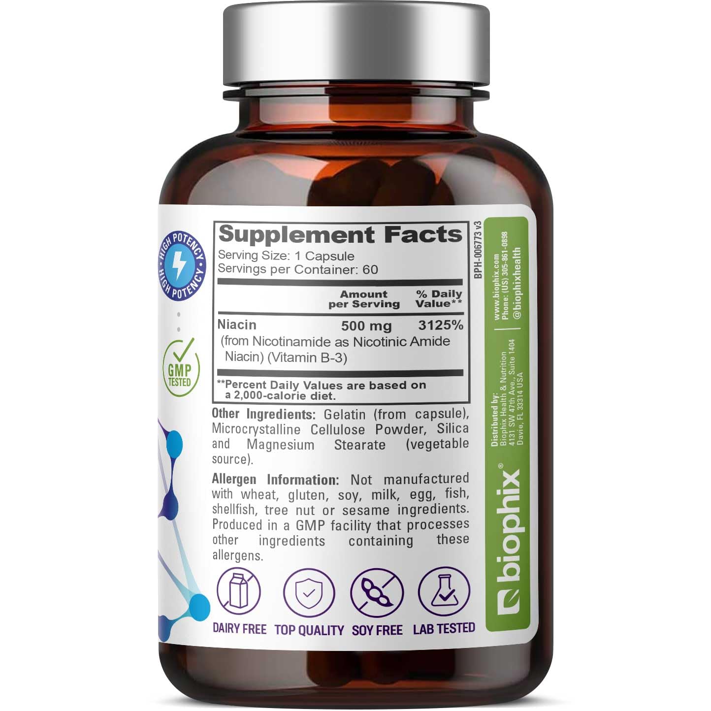 biophix B-3 Nicotinamide 500 mg 60 Caps - Nicotinic Amide Niacin Natural Flush-Free Vitamin Formula - Supports Skin Cell Health — Amazon image 3