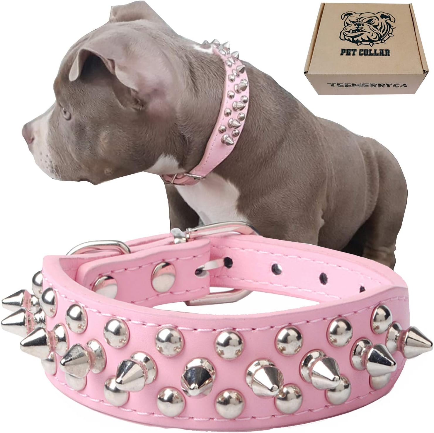 TEEMERRYCA Adjustable Leather Spiked Studded Dog Collars with a Squeak Ball Gift for Small Medium Large Pets Like Cats/Pit Bull/Bulldog/Pugs/Husky, Pink, M(12"-15")