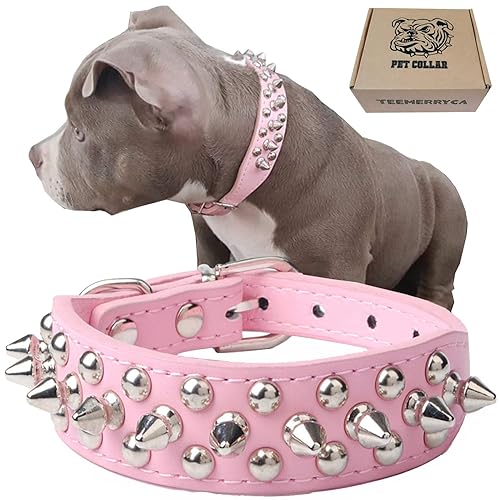 TEEMERRYCA Adjustable Leather Spiked Studded Dog Collars with a Squeak Ball Gift for Small Medium Large Pets Like Cats/Pit Bull/Bulldog/Pugs/Husky, Pink, L(15"-18.5") - Large: Neck 15"-18.5" - PINK