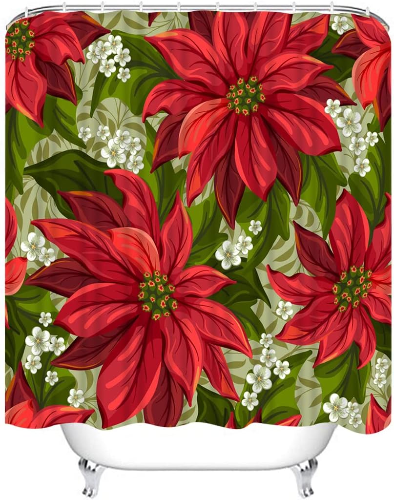 4 Piece Christmas Poinsettia Flower Shower Curtain Waterproof Red Christmas Wonderful Victorian Pointsetta Bathroom Sets with Non-Slip Rugs, Toilet Lid Cover and Bath Mat with Standard Size