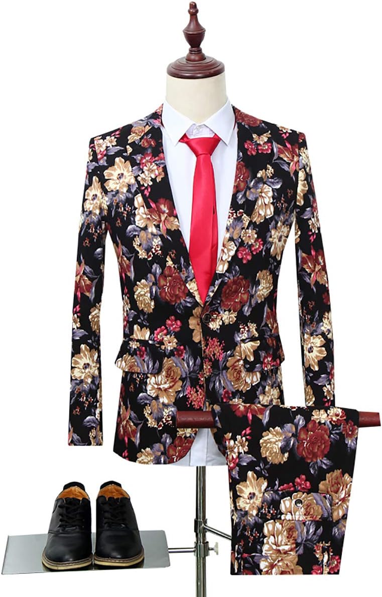 Cloudstyle Mens 2 Piece Suit Notched Lapel Sport Coat Floral One Button Slim Fit Tweed Suit - Image 2
