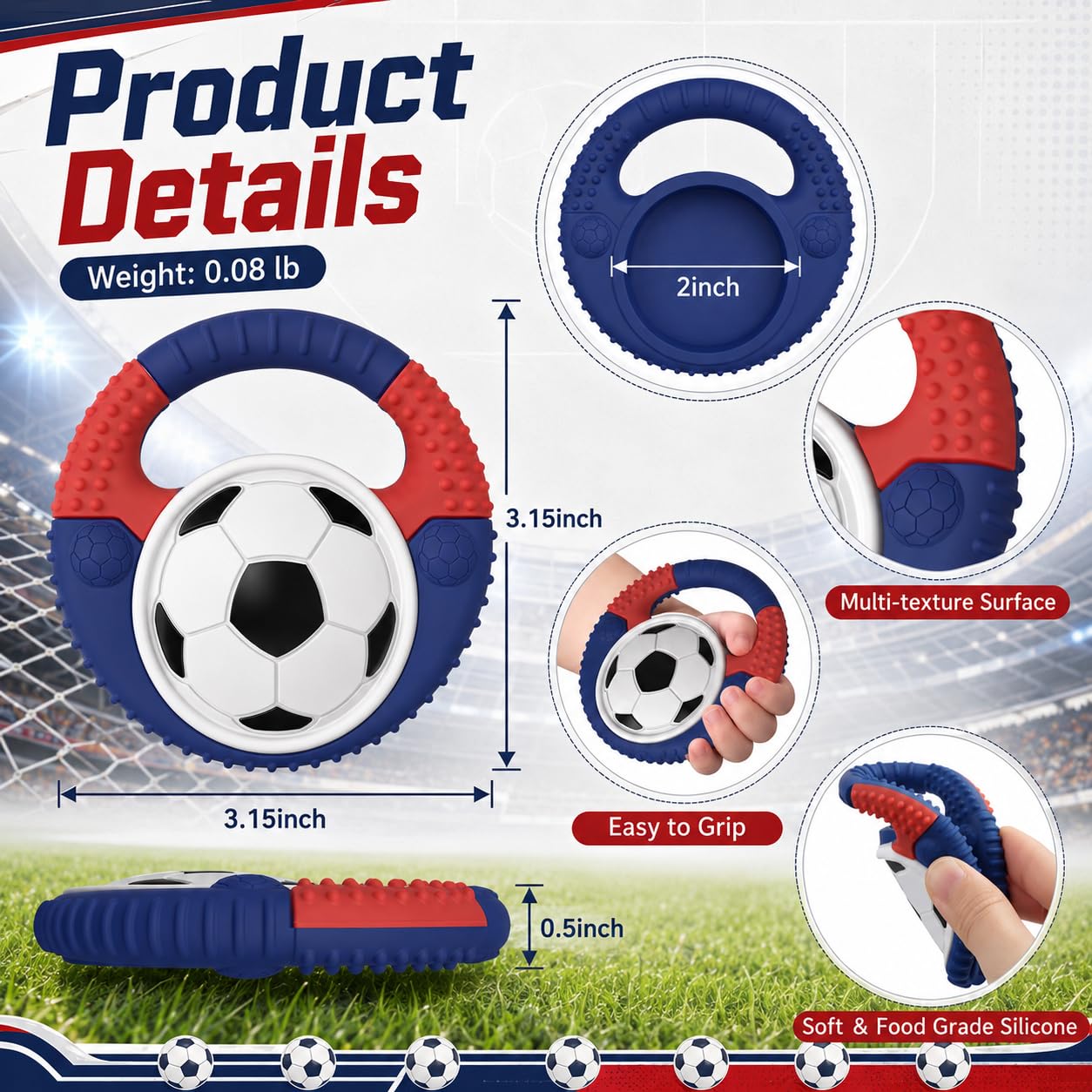 Baby Teething Toys Silicone Baby Soccer-Themed Teether Over 3 Months - Sensory Chew Toys - Baby Teether for Teething Relief - BPA Free Infant Toys Baby Shower Gifts (Blue&Red)