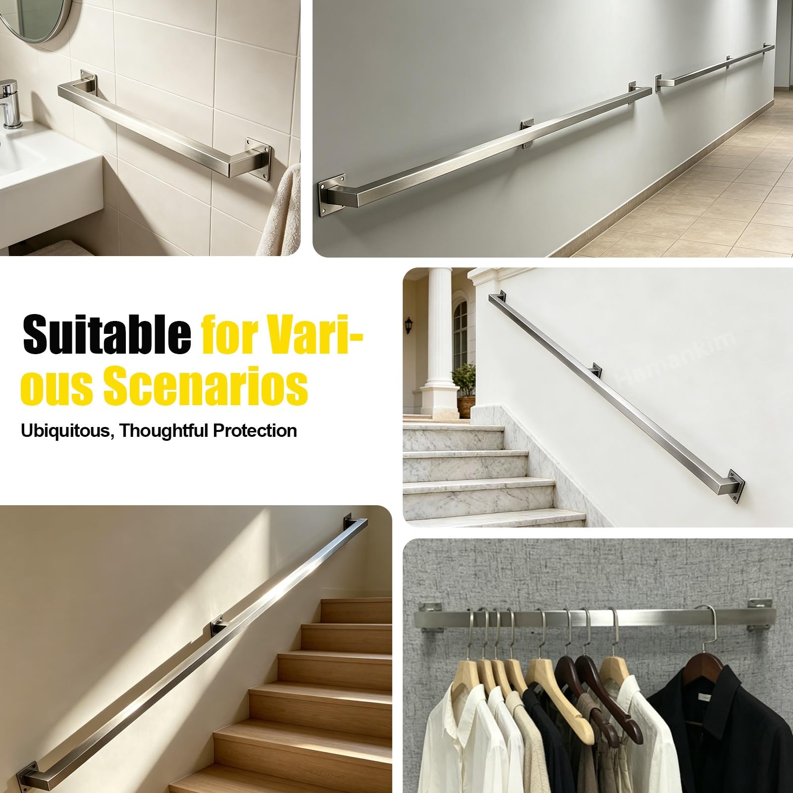 Varilla de soporte tubo cuadrado plateado barandilla de acero inoxidable | Pasamanos de Pared de Alta Resistencia, barandillas de Escalera Modernas Resistentes para sótano de Porche Loft(2.8m)