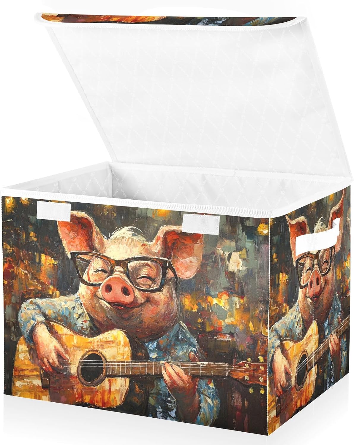 Pig Guitar Funny Large Storage Bins with Linen Foldable Storage Box with Flip-Top Lid for Home Office 16.5” x 12.6” x 11.8” Inch