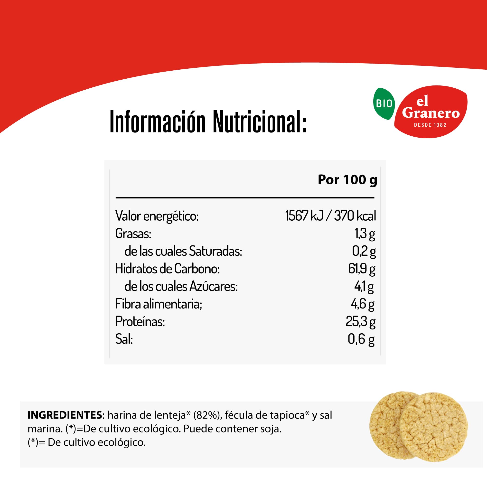 EL GRANERO INTEGRAL - Pack de 8 unidades de Tortitas Protein de Lentejas - 22 g - Ecológicas, Sin Azúcar Añadido y Sin Gluten - Aptas para Veganos - Fuente de Fibra y con 25 gramos de Proteína
